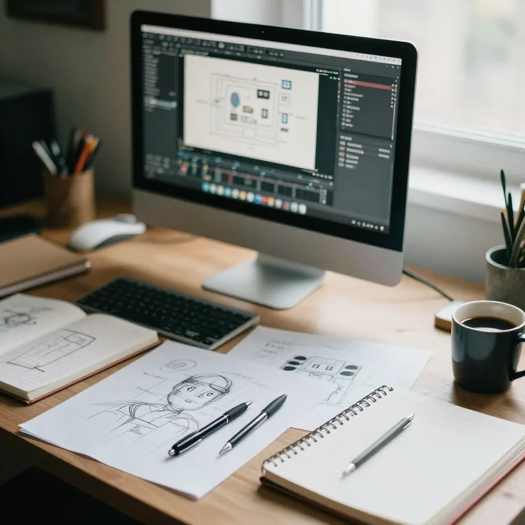 Editorial design studio workspace with creative materials